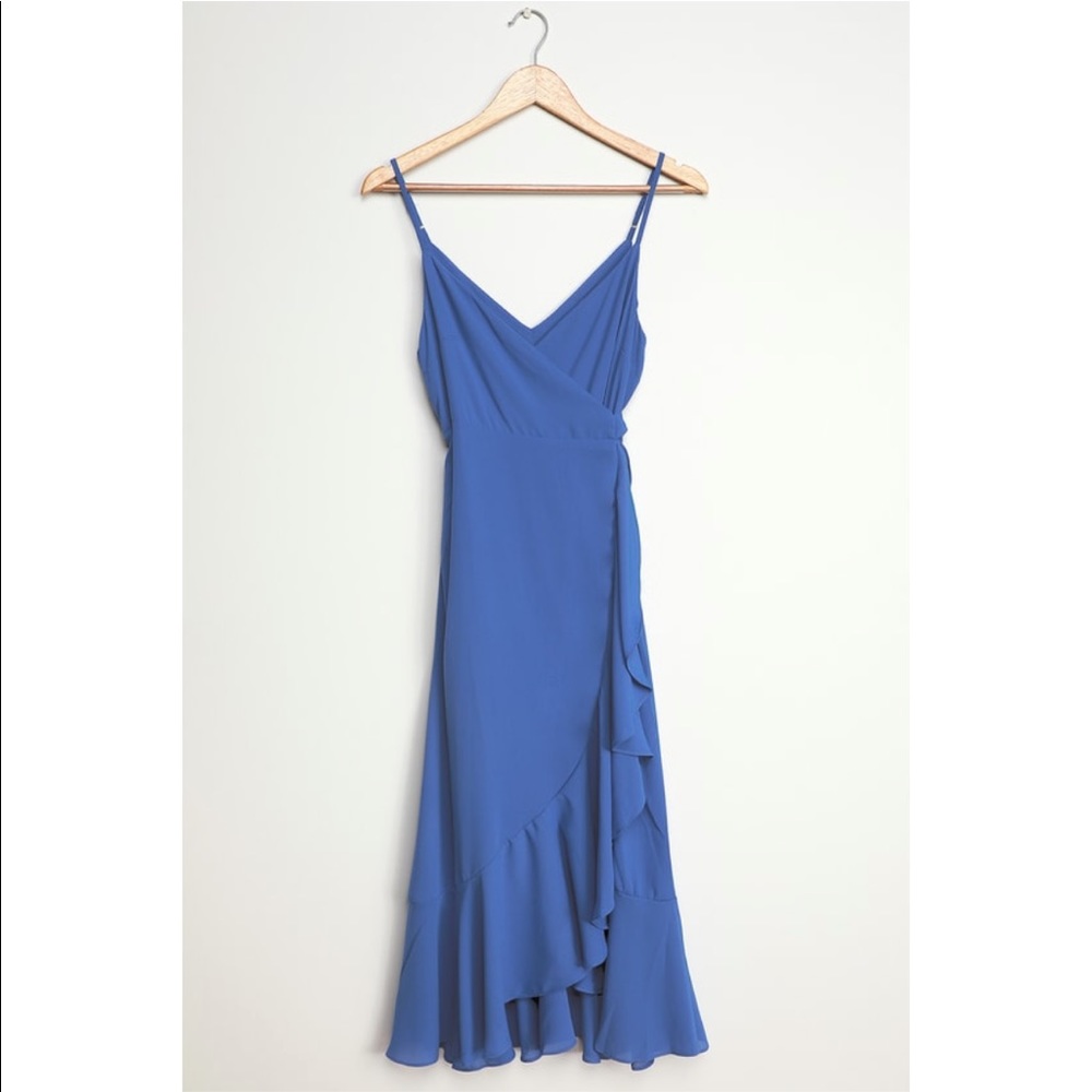 Manhattan Moment Blue Ruffled Midi Wrap Dress